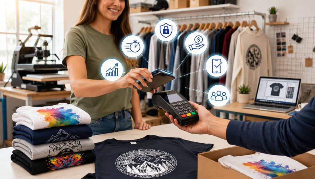 Custom apparel business owner using mobile payment processing system in a modern clothing shop with printed t-shirts, contactless payment terminal, and digital business icons representing secure and fast transactions