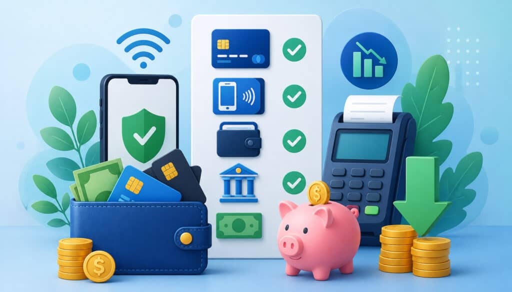 Illustration of cost-saving payment methods featuring digital wallets, credit cards, contactless payments, mobile banking, POS terminal, and piggy bank with financial icons