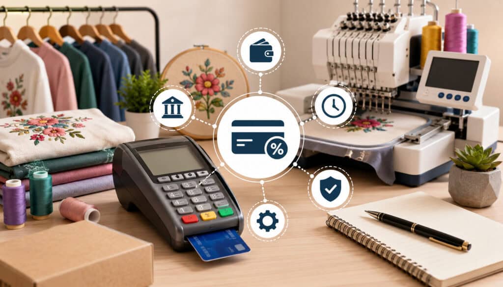 Embroidery business workspace with payment terminal, embroidery machine, and merchant account fee icons representing transaction costs, security, and payment processing services