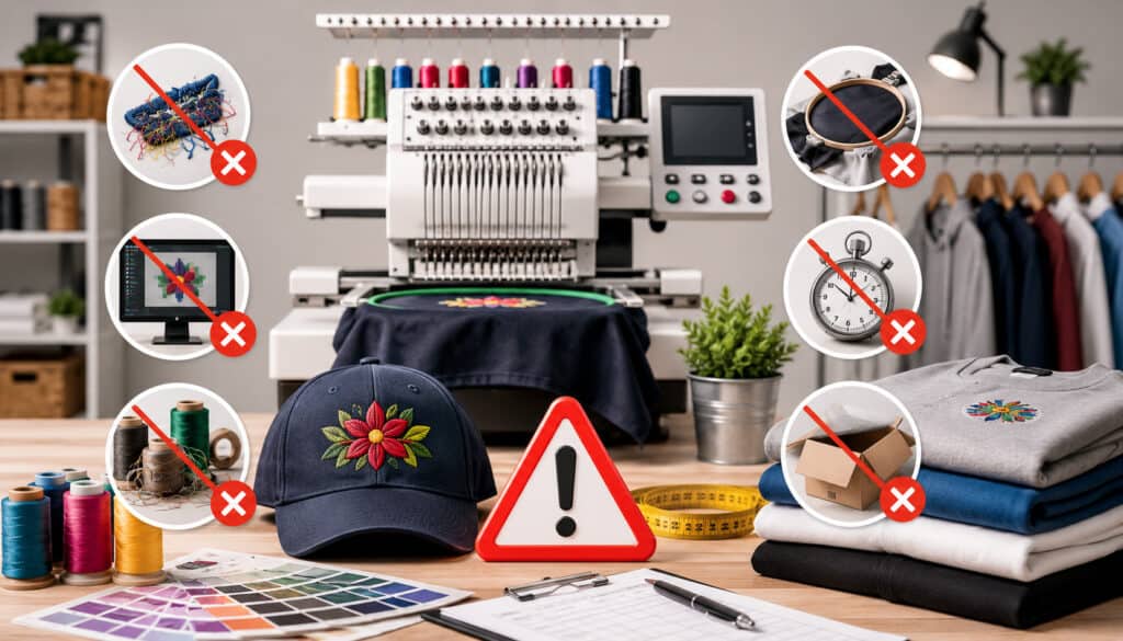 Illustration of an embroidery business owner facing payment and cash flow challenges in a modern embroidery workshop with sewing machines, financial icons, invoices, and custom embroidered apparel in the background