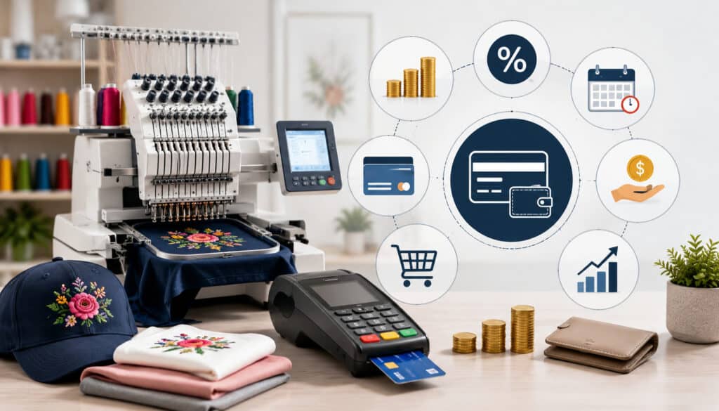Embroidery machine with payment terminal, embroidered apparel, and merchant service pricing icons representing common payment processing models for embroidery businesses