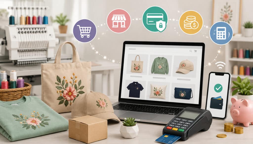 Illustration of an embroidery shop managing ecommerce sales and online payment processing with embroidered products, laptop storefront, payment terminal, mobile checkout, and digital commerce icons
