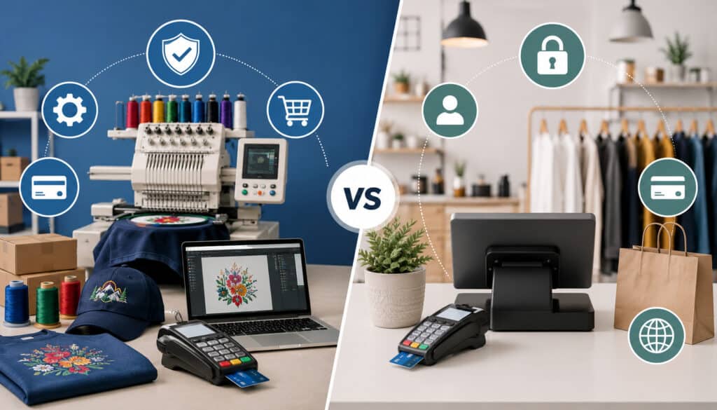 Split-screen illustration comparing embroidery merchant accounts and standard merchant accounts, featuring embroidery machines, POS terminals, payment processing icons, custom apparel, and retail business elements in a modern workspace