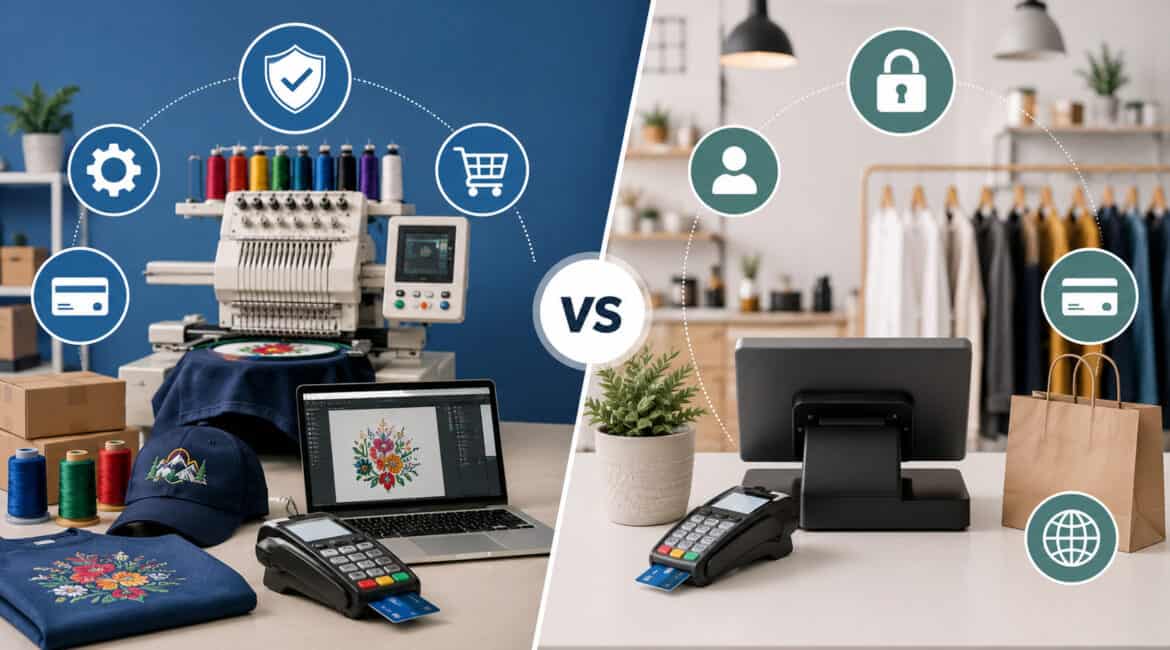 Split-screen illustration comparing embroidery merchant accounts and standard merchant accounts, featuring embroidery machines, POS terminals, payment processing icons, custom apparel, and retail business elements in a modern workspace