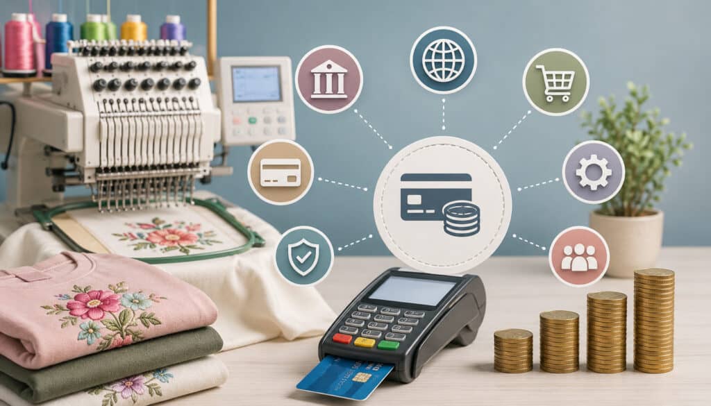 Illustration of embroidery business payment processing fees with embroidery machine, POS terminal, payment icons, and stacked coins representing transaction costs and merchant service expenses