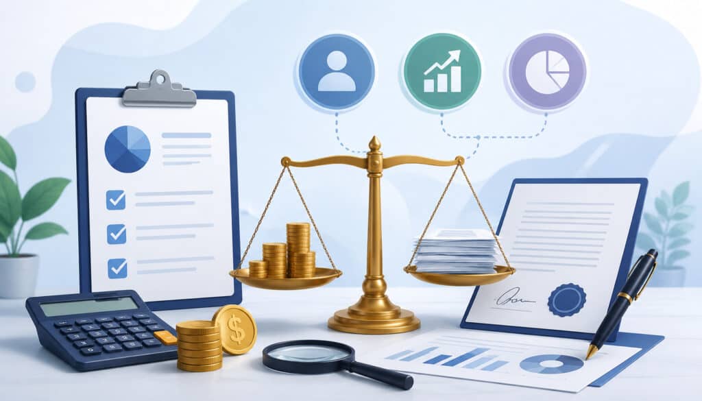Illustration of business pricing comparison with contracts, fees, financial charts, calculator, coins, and balance scale representing payment processing pricing models and contract evaluation