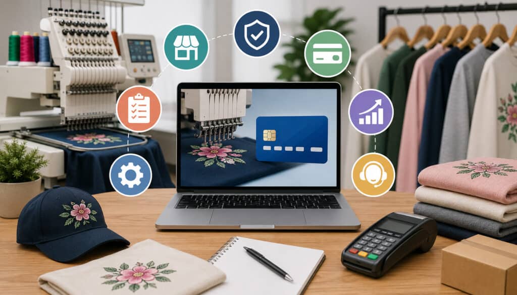 Embroidery business workspace with embroidery machine, payment terminal, laptop, and merchant account processing icons for small business payment solutions