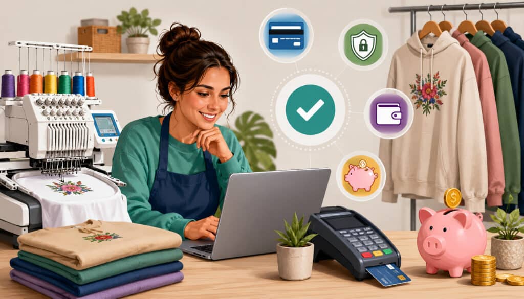 Small embroidery business owner comparing affordable payment processing options with embroidery machine, POS terminal, custom apparel, and secure payment icons in a modern workshop