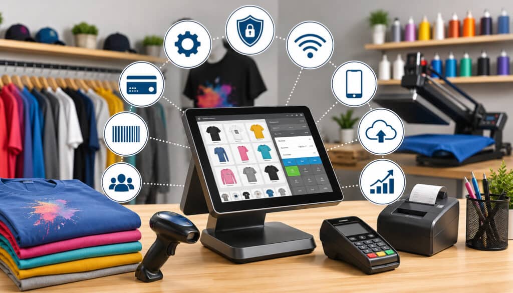 Modern mobile POS system in an apparel decoration shop with touchscreen checkout, payment terminal, apparel displays, printing equipment, and business management feature icons