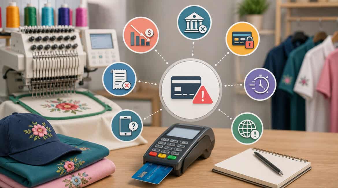 Illustration of payment processing challenges in the embroidery industry featuring embroidery machines, POS terminal, payment warning icons, security alerts, transaction issues, and embroidered apparel in a workshop setting