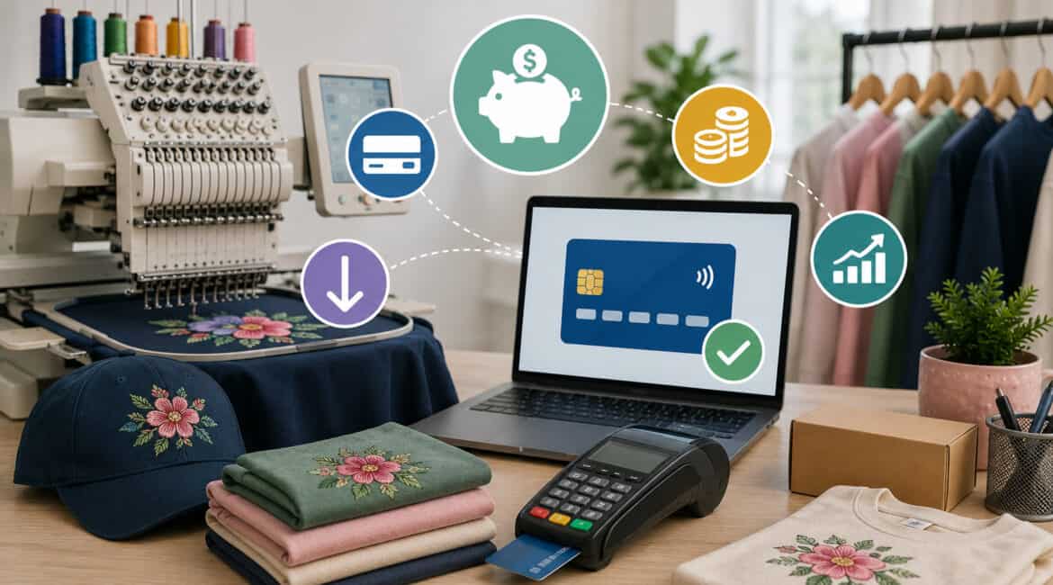 Embroidery business workspace with embroidery machine, credit card terminal, laptop, embroidered apparel, and low-cost payment processing icons for small business transactions