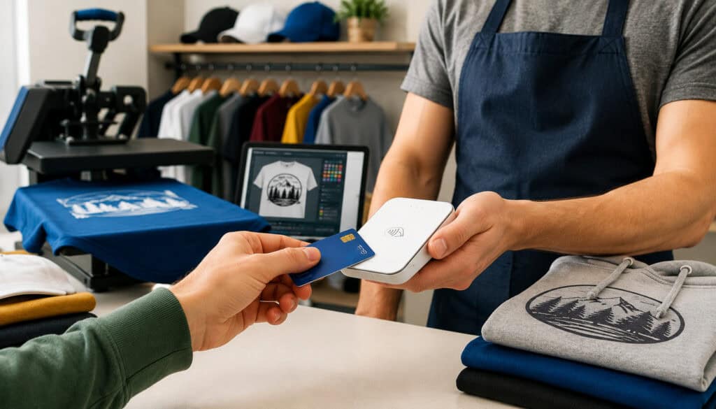 Mobile credit card reader being used in an apparel decorating shop with custom printed clothing, heat press equipment, and contactless payment setup