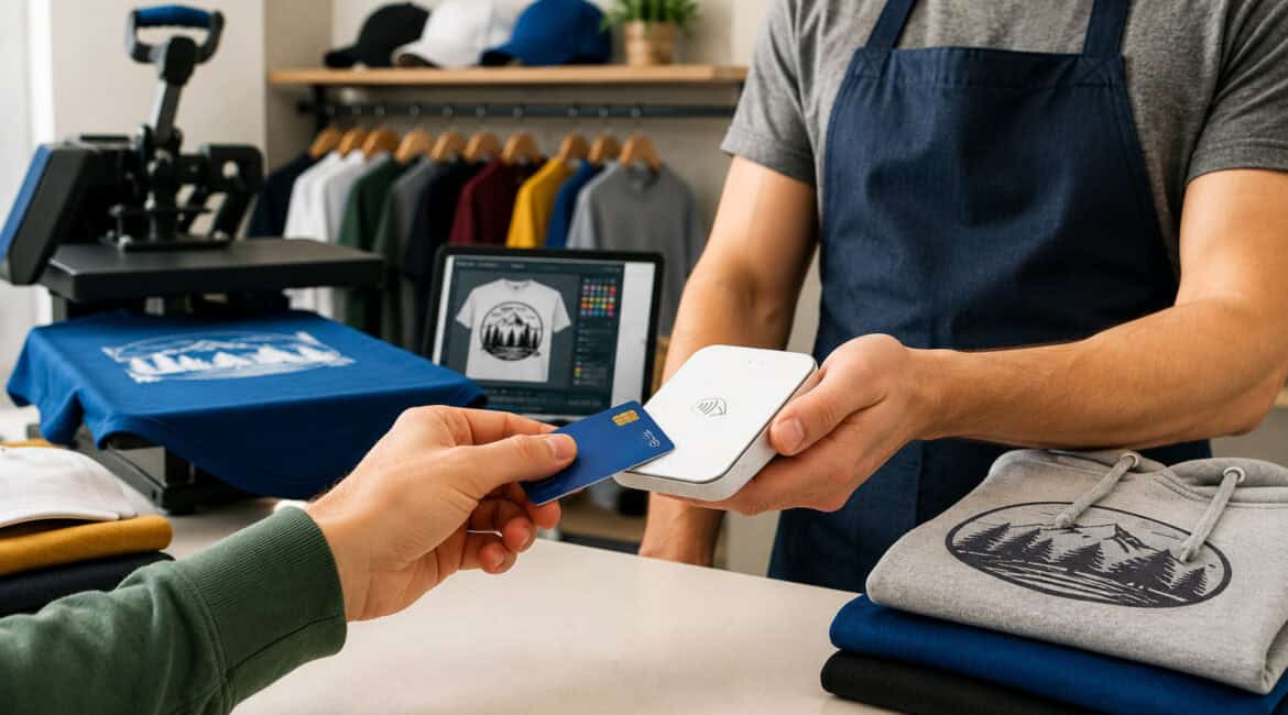 Mobile credit card reader being used in an apparel decorating shop with custom printed clothing, heat press equipment, and contactless payment setup