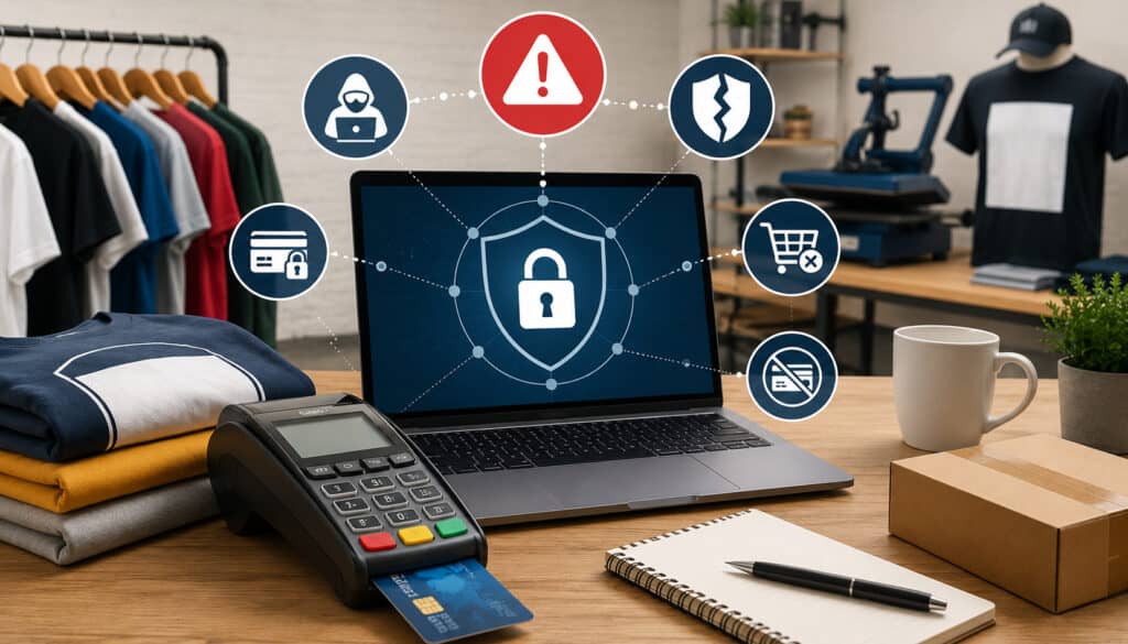 Payment security and fraud risk illustration for custom apparel businesses featuring POS terminal, online payment icons, apparel printing workspace, and cybersecurity elements