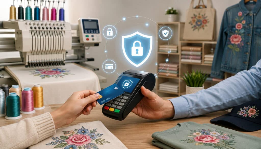 Secure digital payment transaction in a modern embroidery shop with POS terminal, embroidery machine, fabric designs, and cybersecurity icons