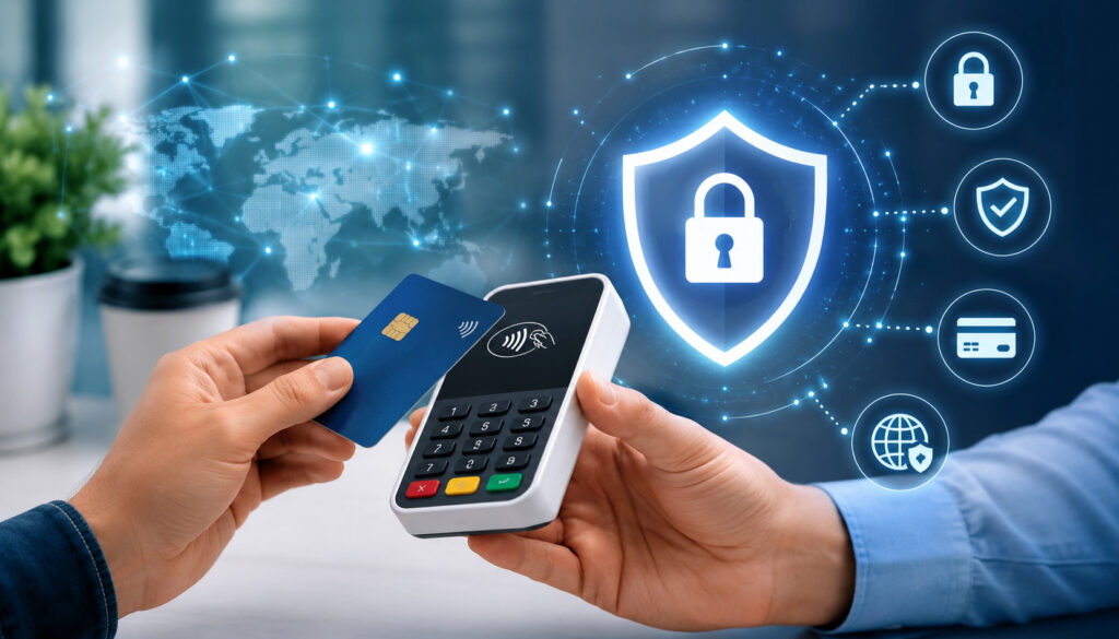 Secure mobile credit card payment transaction with wireless card reader, digital security shield, and cybersecurity icons