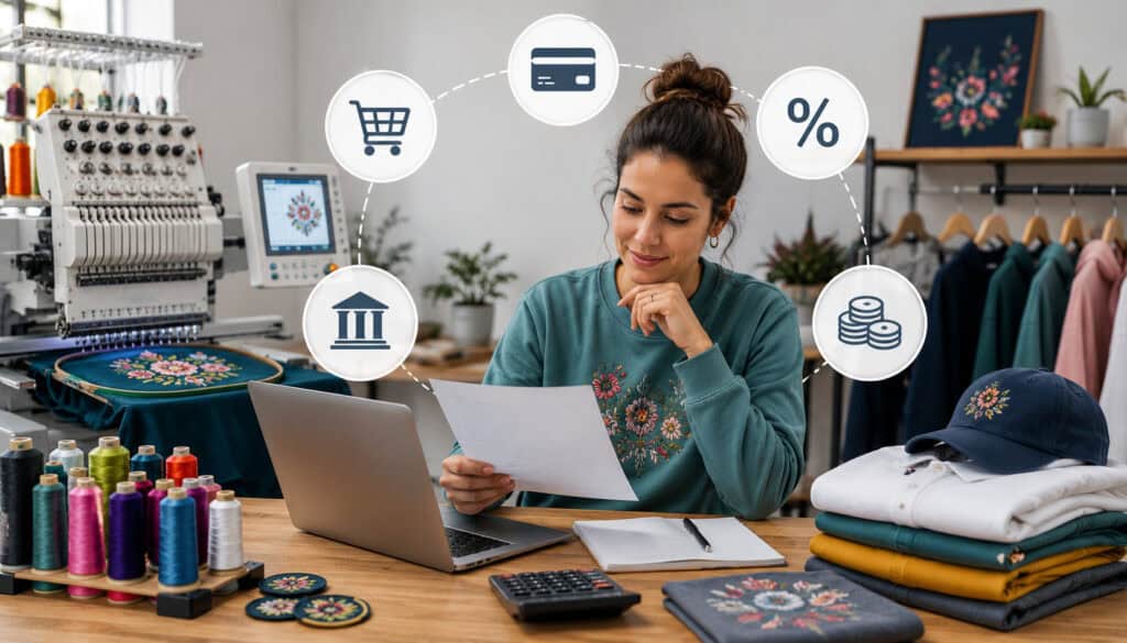 Embroidery business owner reviewing processing fees and financial documents in a modern workshop with embroidery machines, custom apparel, colorful threads, and payment icons in the background