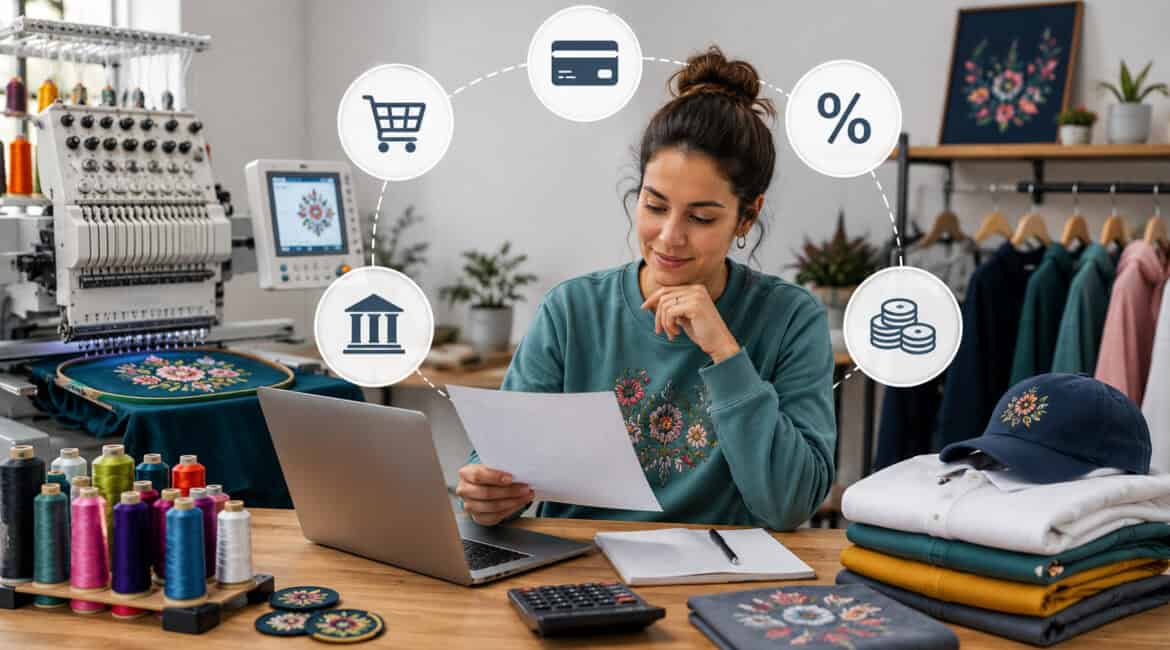 Embroidery business owner reviewing processing fees and financial documents in a modern workshop with embroidery machines, custom apparel, colorful threads, and payment icons in the background